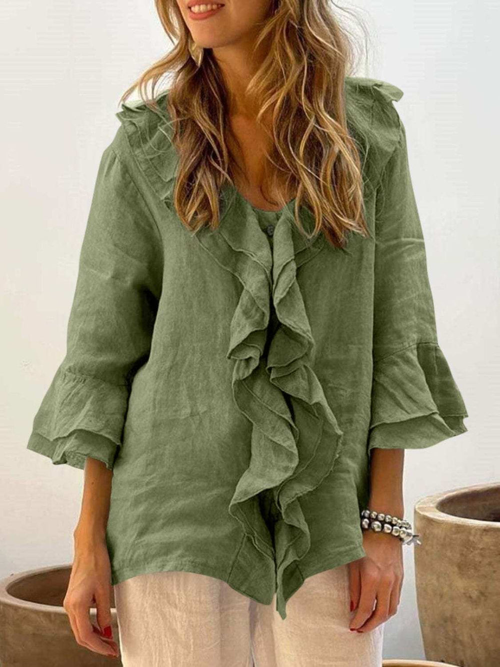 Full Size Ruffled V-Neck Flounce Sleeve Blouse - Trendsi - Flyclothing LLC