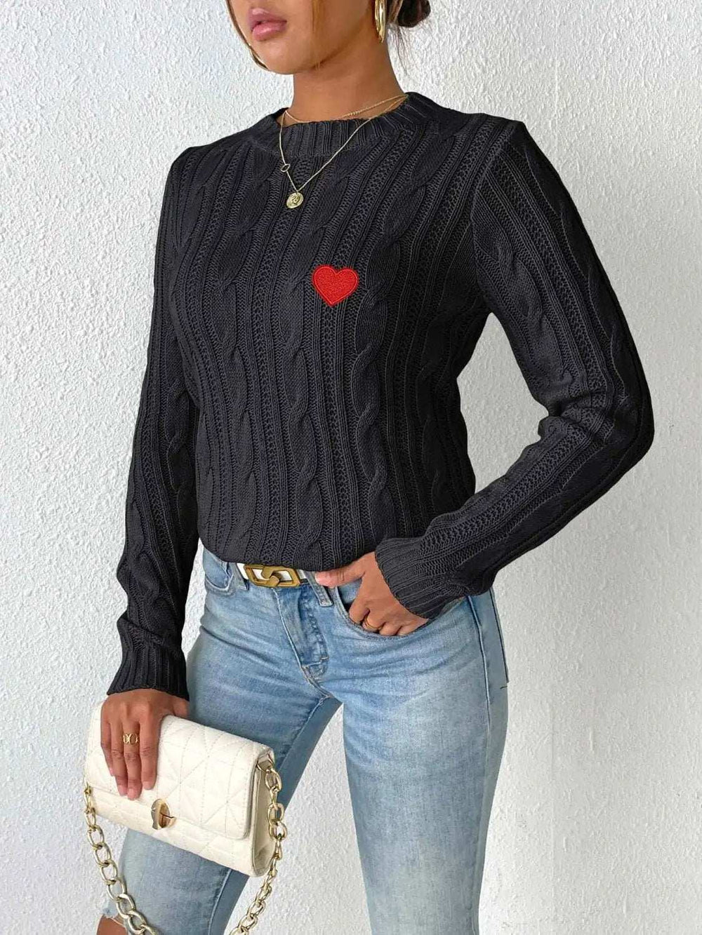 Cable-Knit Heart Round Neck Long Sleeve Sweater - Trendsi - Flyclothing LLC