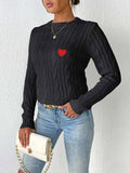 Cable-Knit Heart Round Neck Long Sleeve Sweater - Trendsi - Flyclothing LLC