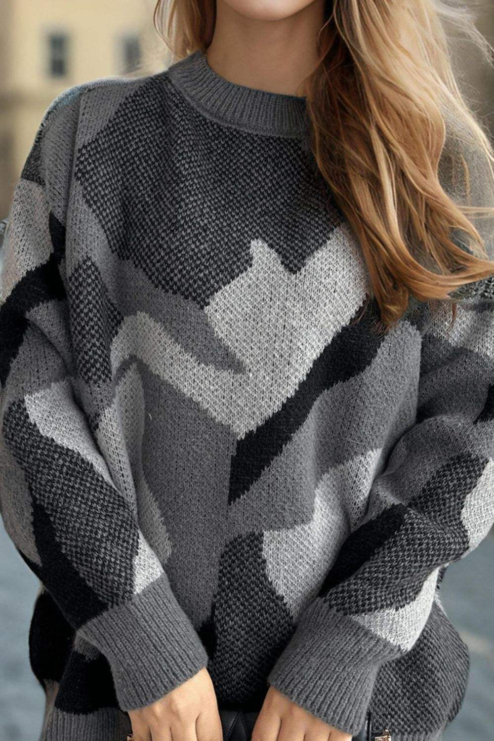Contrast Round Neck Long Sleeve Sweater - Trendsi - Flyclothing LLC
