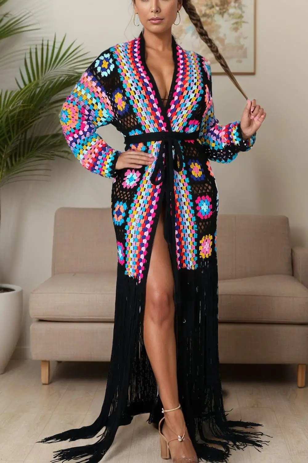 Fringe Tied Long Sleeve Cardigan - Trendsi - Flyclothing LLC