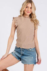 Ces Femme Texture Mock Neck Ruffle Cap Sleeve Blouse - Trendsi - Flyclothing LLC