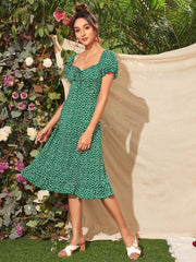 Tied Floral Short Sleeve Midi Dress - Trendsi