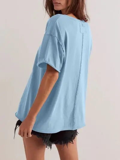 Lovelet Exposed Seam Round Neck Half Sleeve T-Shirt - Trendsi - Flyclothing LLC