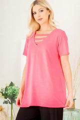 Heimish Full Size V-Neck Short Sleeve T-Shirt with Bar Detail Plus Size - Trendsi - Flyclothing LLC