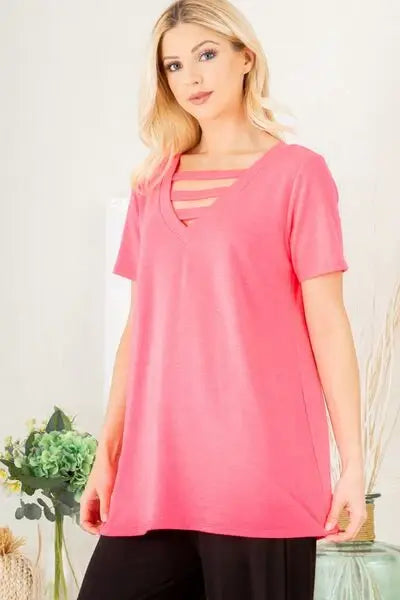 Heimish Full Size V-Neck Short Sleeve T-Shirt with Bar Detail Plus Size - Trendsi - Flyclothing LLC