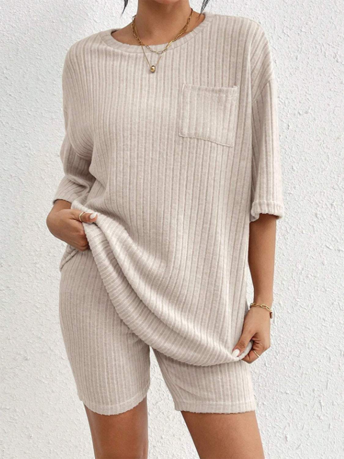 Ribbed Round Neck Top and Shorts Set - Trendsi - Flyclothing LLC