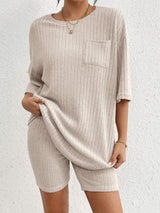 Ribbed Round Neck Top and Shorts Set - Trendsi - Flyclothing LLC