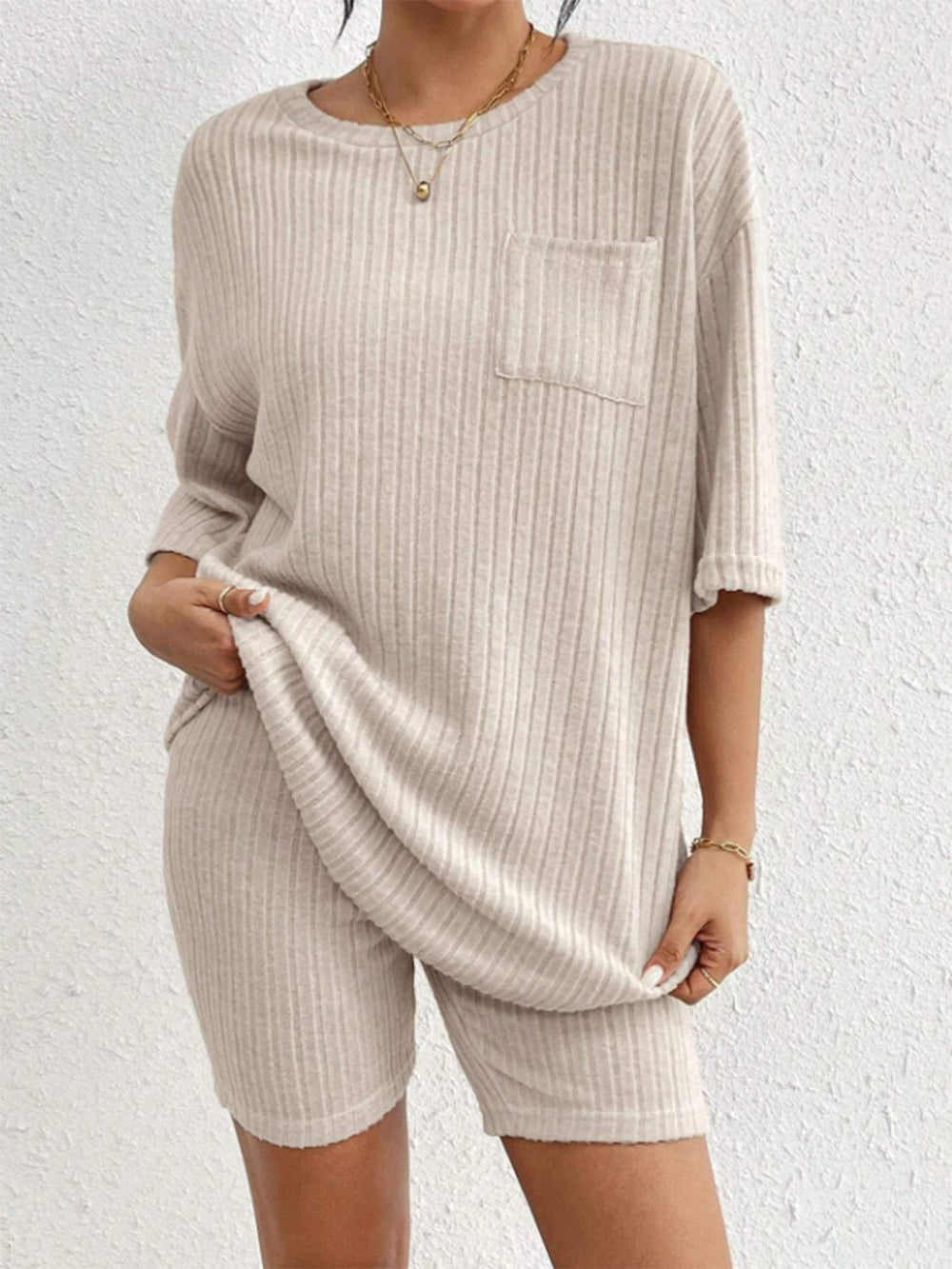 Ribbed Round Neck Top and Shorts Set - Trendsi