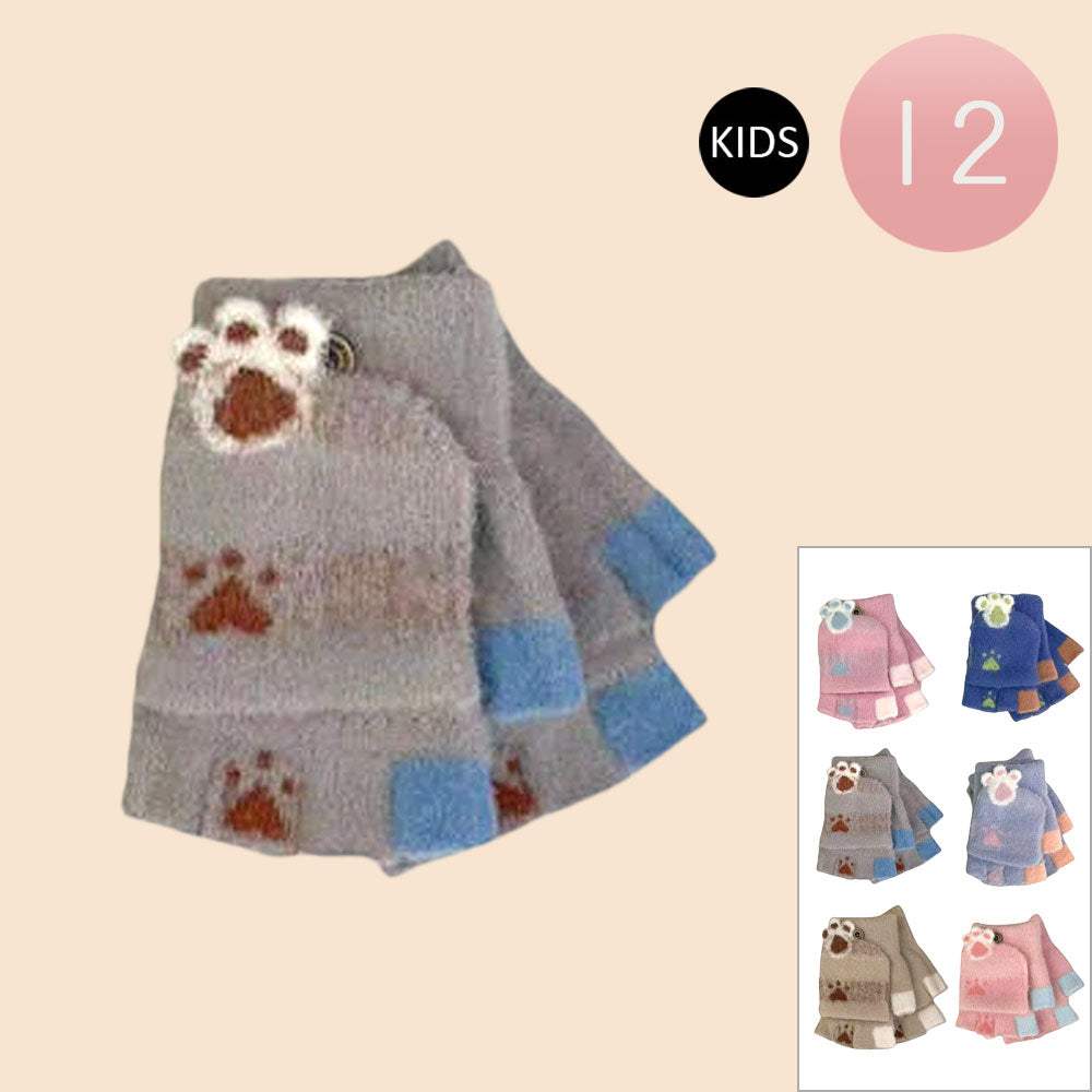 12Pairs - Kids Paw Fingerless Flip Top Knit Winter Gloves - Madeline Love - Flyclothing LLC