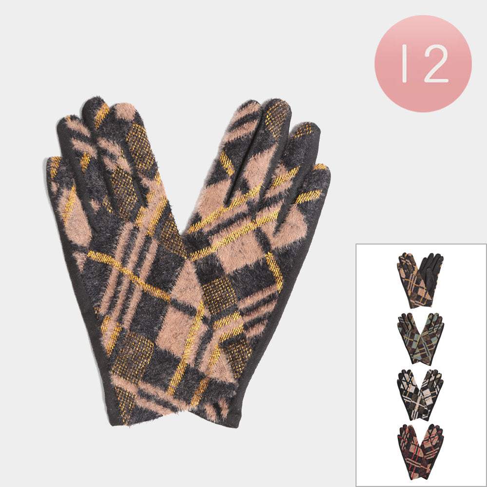 12Pairs - Lurex Plaid Check Patterned Touch Smart Winter Gloves - Madeline Love - Flyclothing LLC