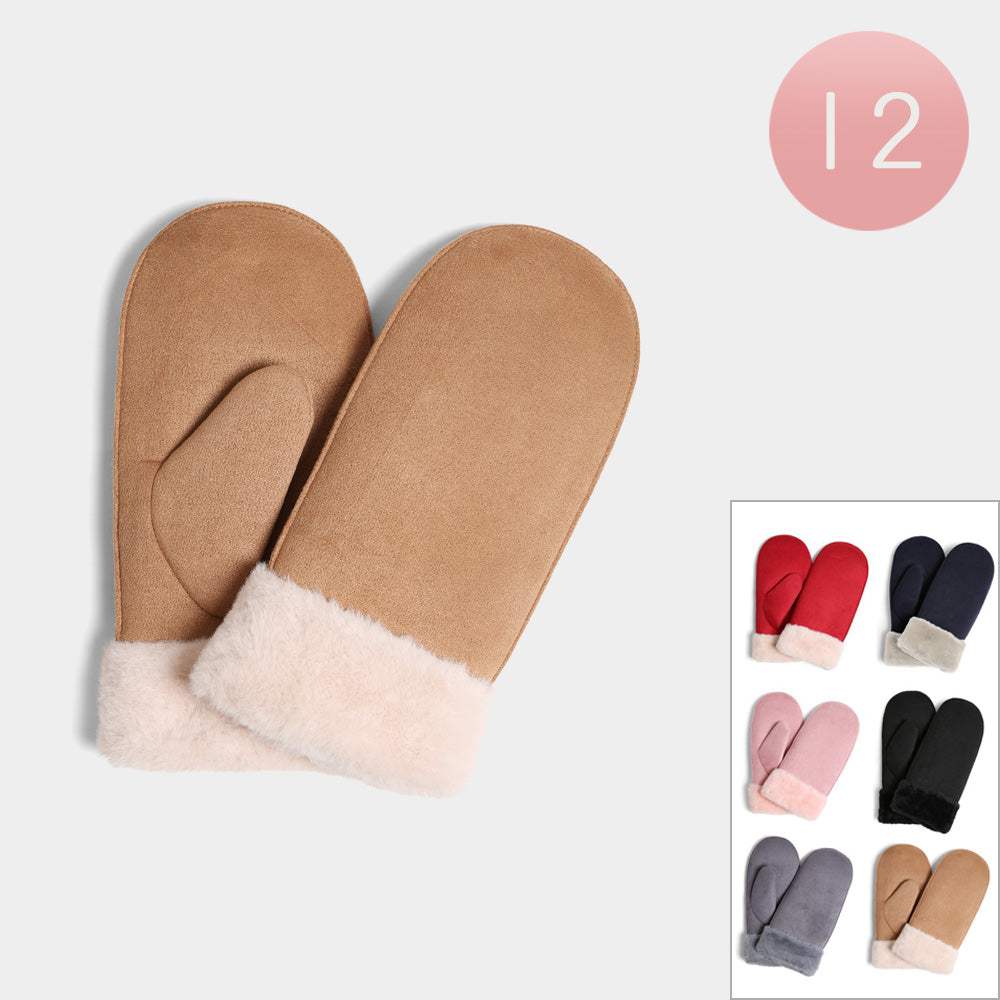 12Pairs - Suede Faux Fur Cuff Mittens - Madeline Love - Flyclothing LLC
