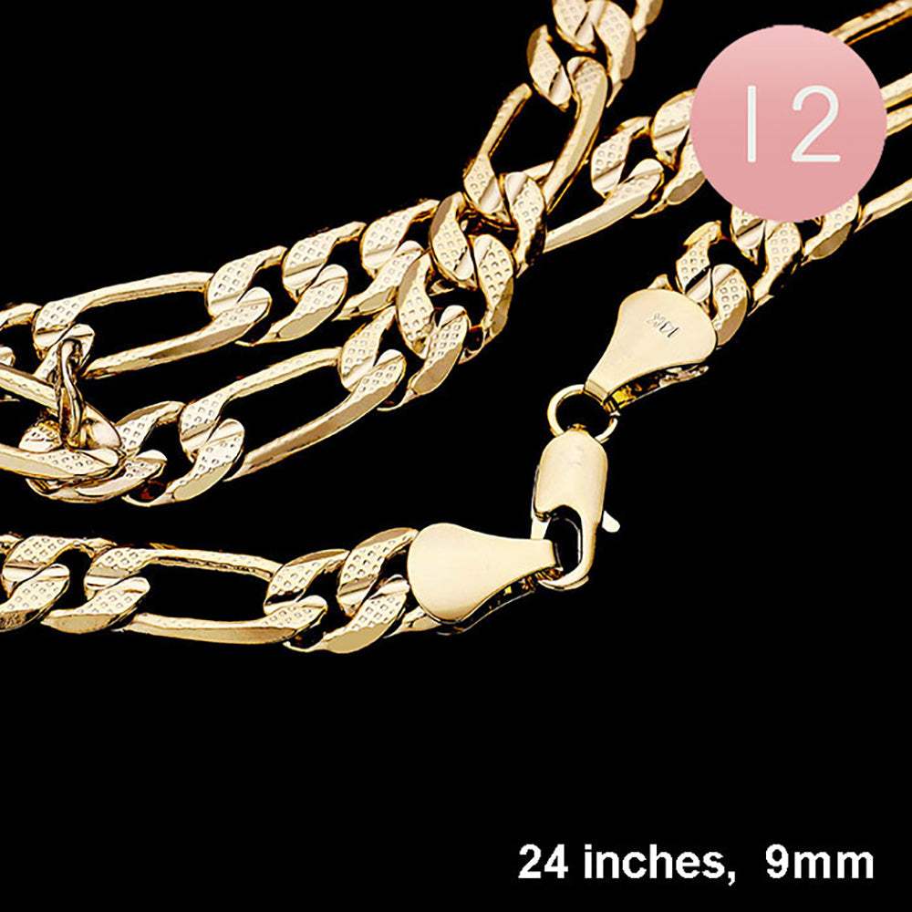 12PCS - 24 INCH, 9mm Gold Plated Concave Textured Figaro Chain Necklaces - Madeline Love - Flyclothing LLC