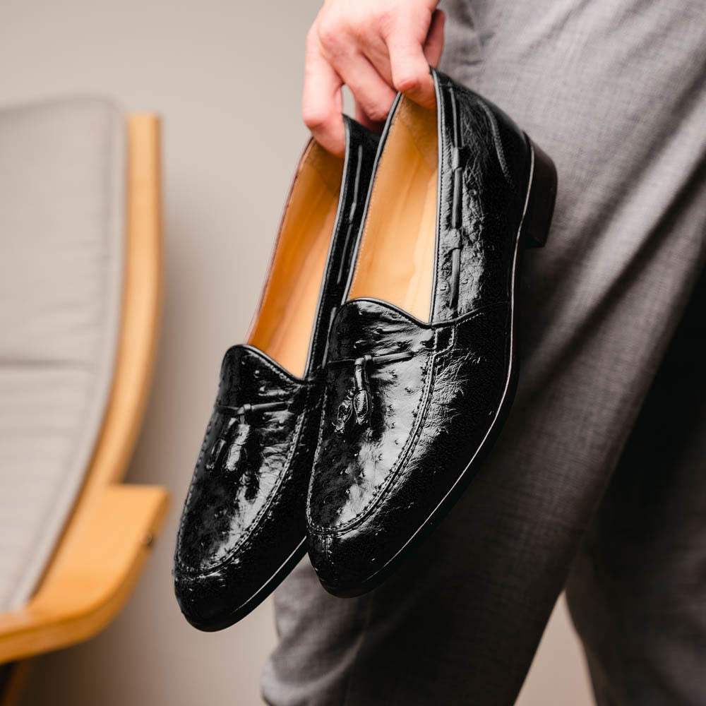 13-581-BLK FRANCO Ostrich Tassel Loafer, Black - Zelli Italia - Flyclothing LLC
