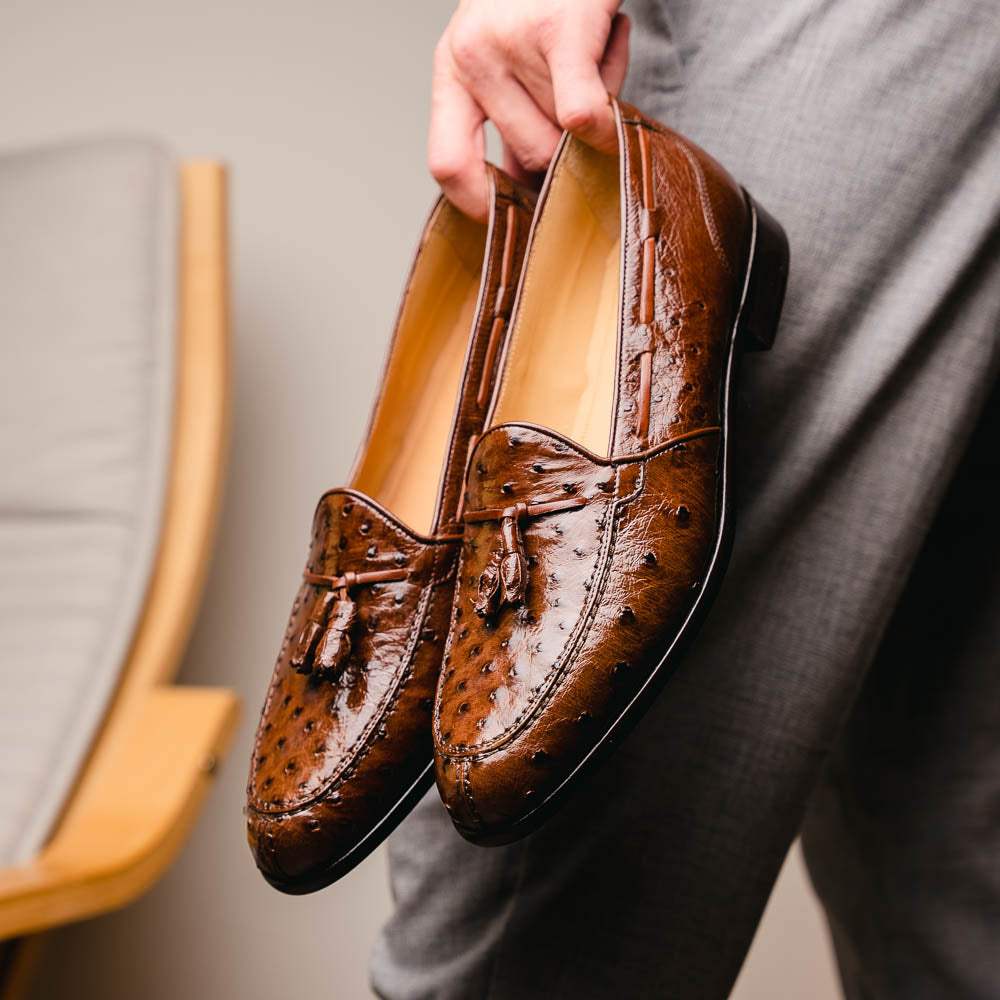 13-581-BRN FRANCO Ostrich Tassel Loafer, Brown - Zelli Italia - Flyclothing LLC