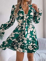 Tied Ruffled Printed Long Sleeve Dress - Trendsi - Flyclothing LLC