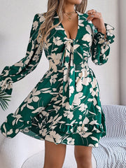 Tied Ruffled Printed Long Sleeve Dress - Trendsi