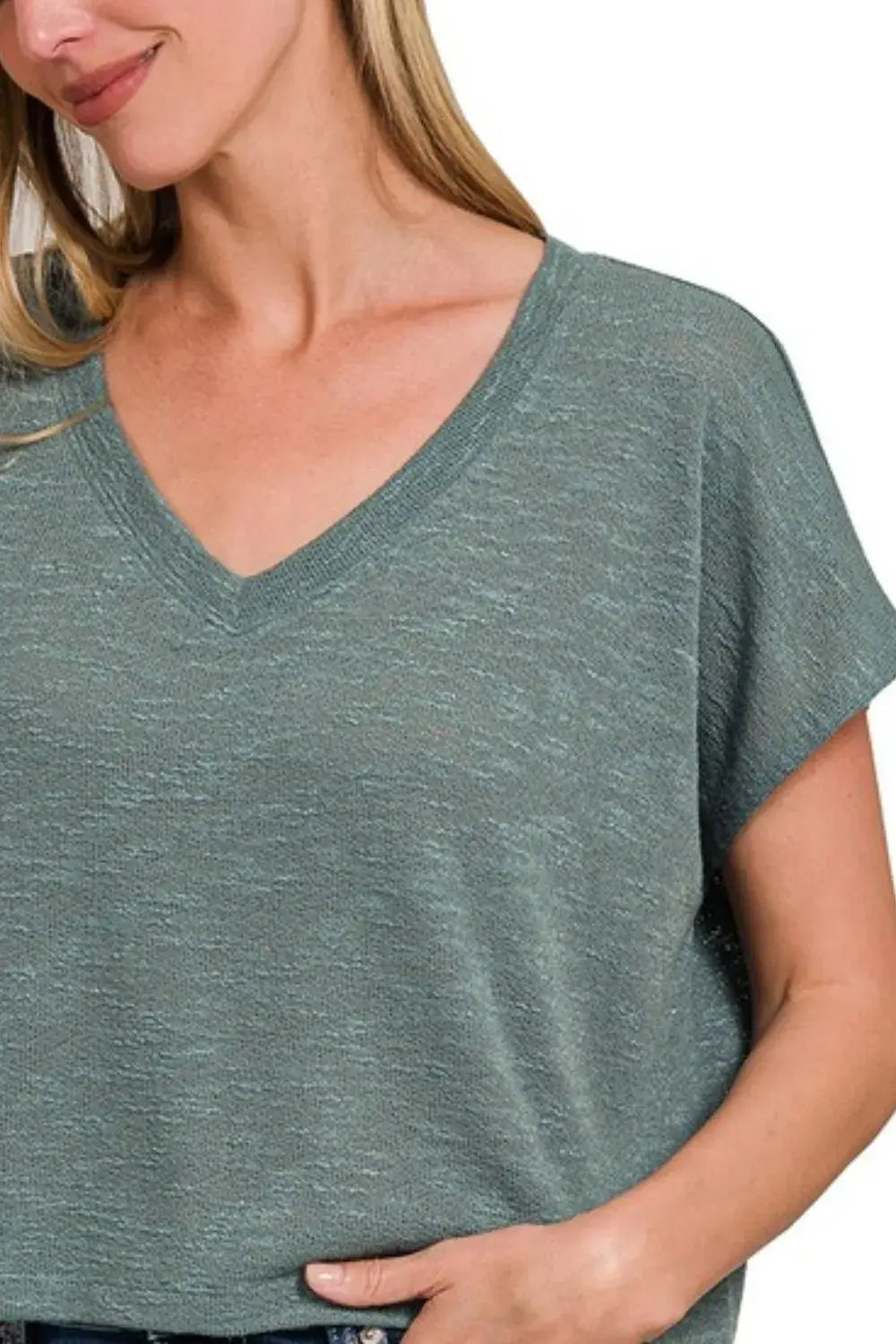 Zenana Hacci Slub V-neck Drop Shoulder Crop Top - Trendsi - Flyclothing LLC