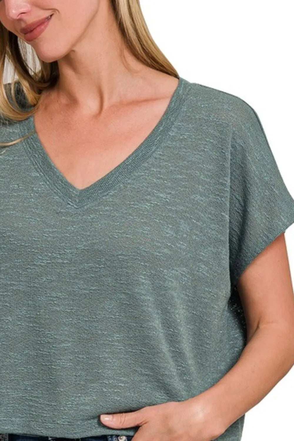 Zenana Hacci Slub V-neck Drop Shoulder Crop Top - Trendsi - Flyclothing LLC