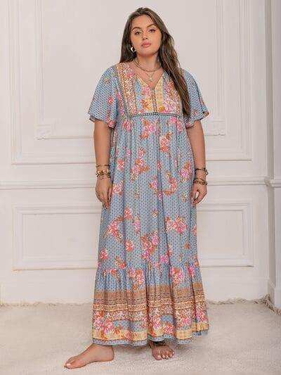 Plus Size Printed Tie Neck Flutter Sleeve Maxi Dress - Trendsi - Flyclothing LLC