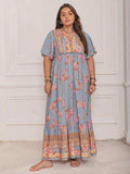 Plus Size Printed Tie Neck Flutter Sleeve Maxi Dress - Trendsi - Flyclothing LLC