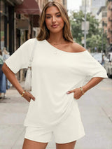 Full Size Boat Neck Tee and Shorts Set Plus Size - Trendsi - Flyclothing LLC