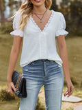Lace Trim V-Neck Puff Sleeve Blouse - Trendsi - Flyclothing LLC