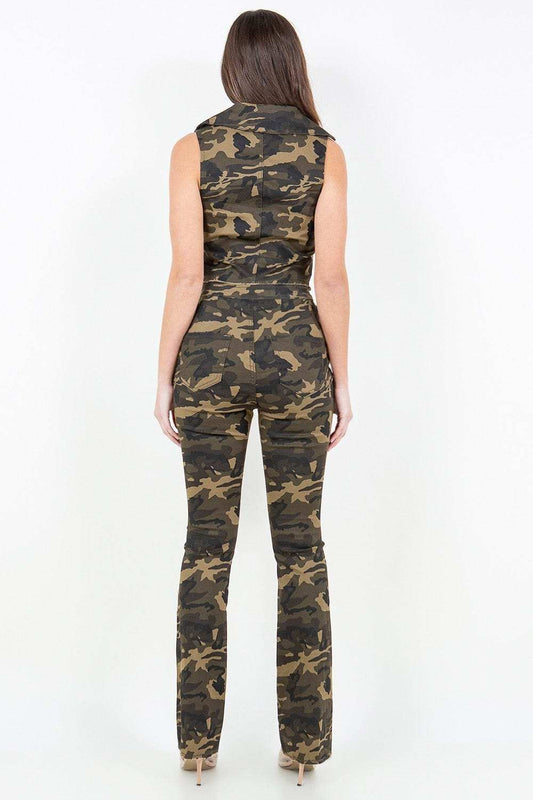 American Bazi V-Cut Ruched Camo Flare Pants - Trendsi - Flyclothing LLC