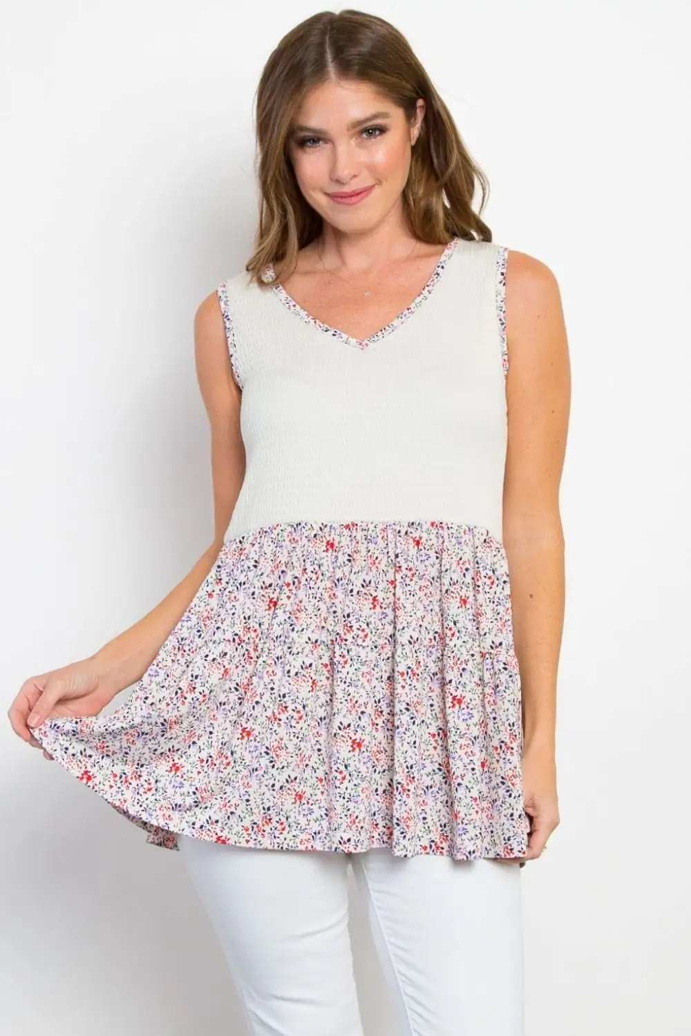 Be Stage Full Size Smocked Printed Peplum Sleeveless Top - Trendsi - Flyclothing LLC