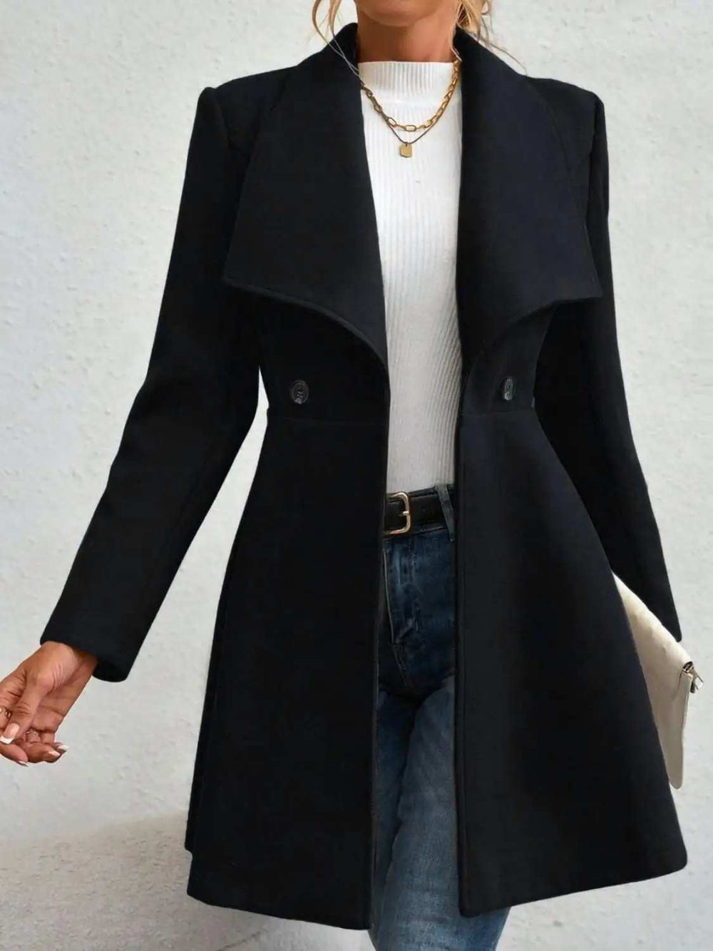 Collared Neck Button Up Long Sleeve Coat - Trendsi - Flyclothing LLC