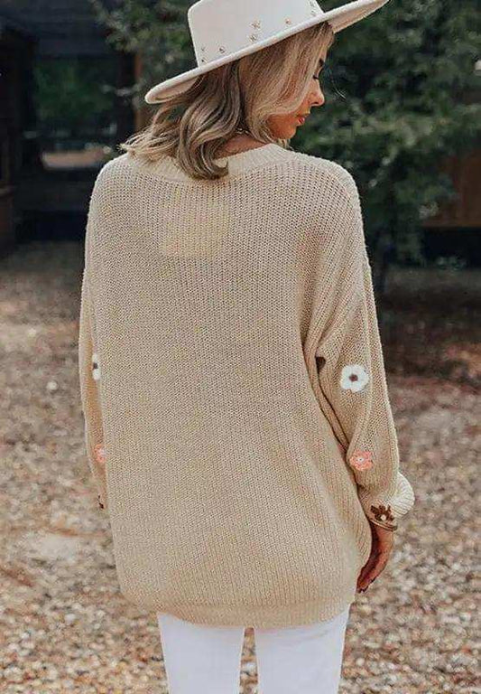 HELLO Flower Round Neck Long Sleeve Sweater - Trendsi - Flyclothing LLC
