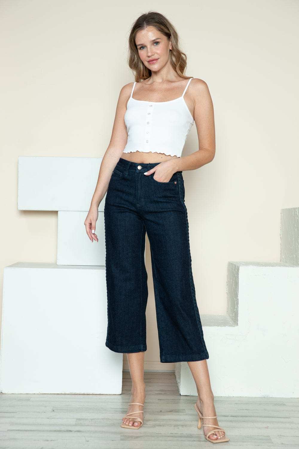 Judy Blue Full Size Side Seam Braid Detail Crop Wide Leg Jeans - Trendsi - Flyclothing LLC