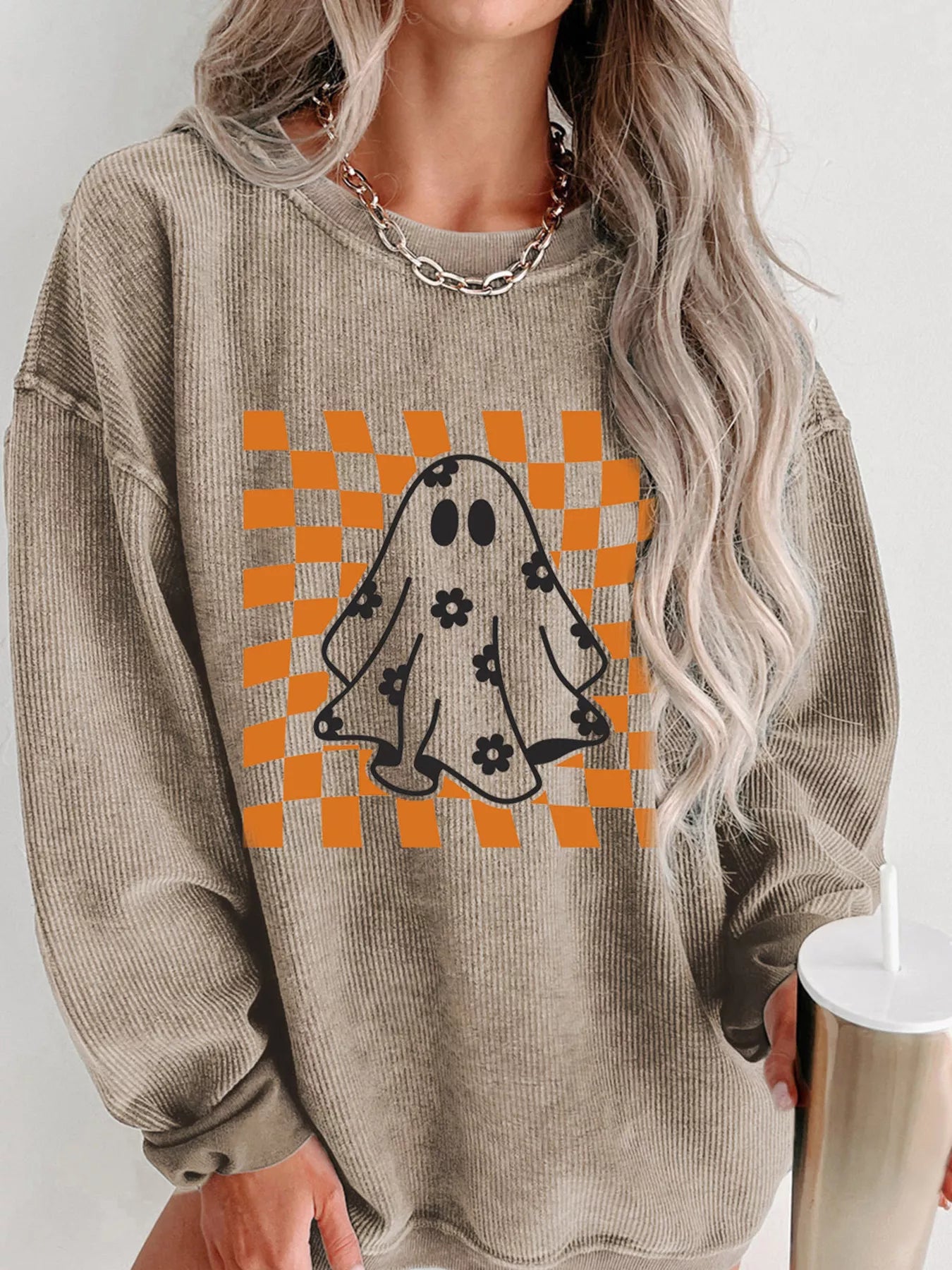Halloween Checkerboard Floral Ghost Graphic Corded Sweatshirt - Trendsi - Flyclothing LLC