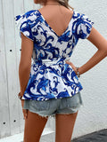 Ruffled Printed Surplice Cap Sleeve Blouse - Trendsi - Flyclothing LLC