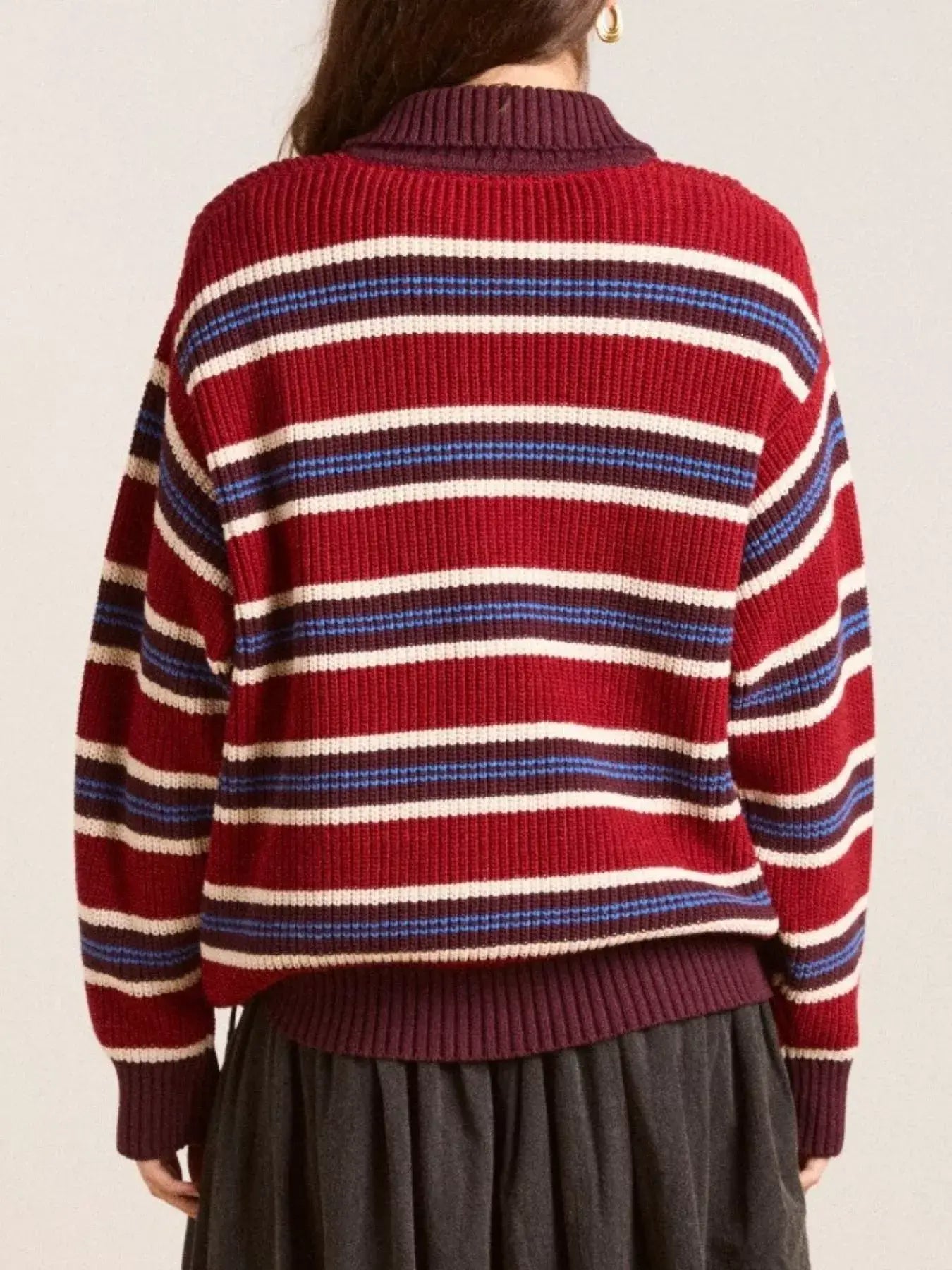Striped Button Detail Polo Collar Sweater - Trendsi - Flyclothing LLC