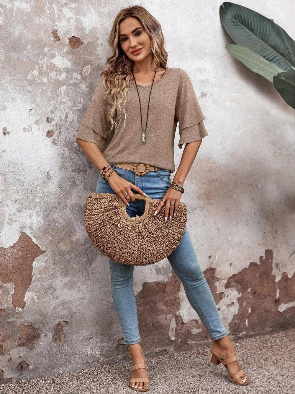 V-Neck Half Sleeve Blouse - Trendsi - Flyclothing LLC