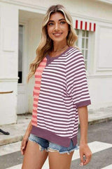 Striped Round Neck Half Sleeve T-Shirt - Trendsi - Flyclothing LLC