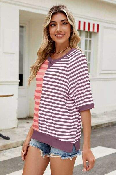 Striped Round Neck Half Sleeve T-Shirt - Trendsi - Flyclothing LLC