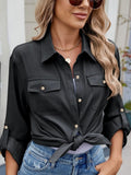 Solid Color Collared Neck Long Sleeve Shirt - Trendsi
