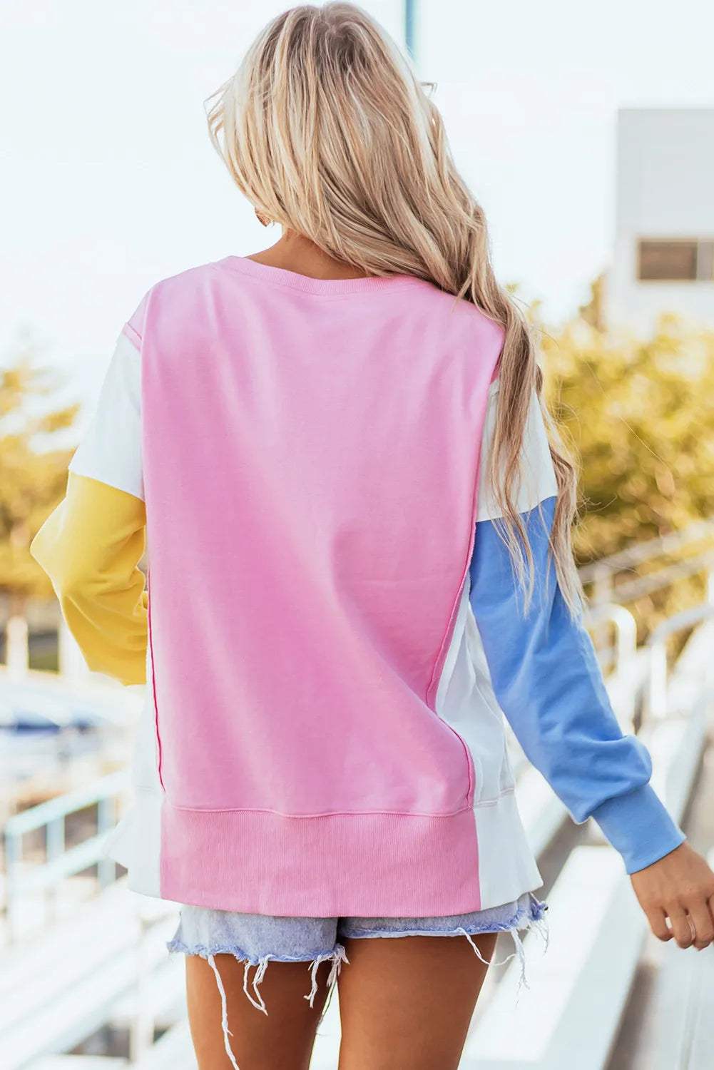 Slit Contrast Round Neck Long Sleeve Sweatshirt - Trendsi - Flyclothing LLC