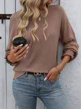 Ribbed Knit Ruffle Cuff T-Shirt - Trendsi - Flyclothing LLC