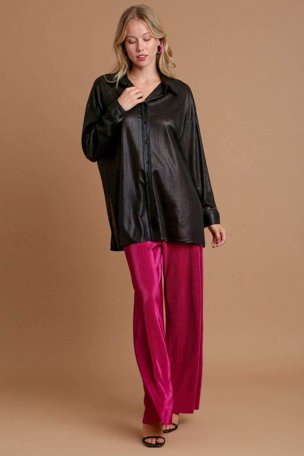 Umgee Side Slit Button Up Long Sleeve Shirt - Trendsi - Flyclothing LLC