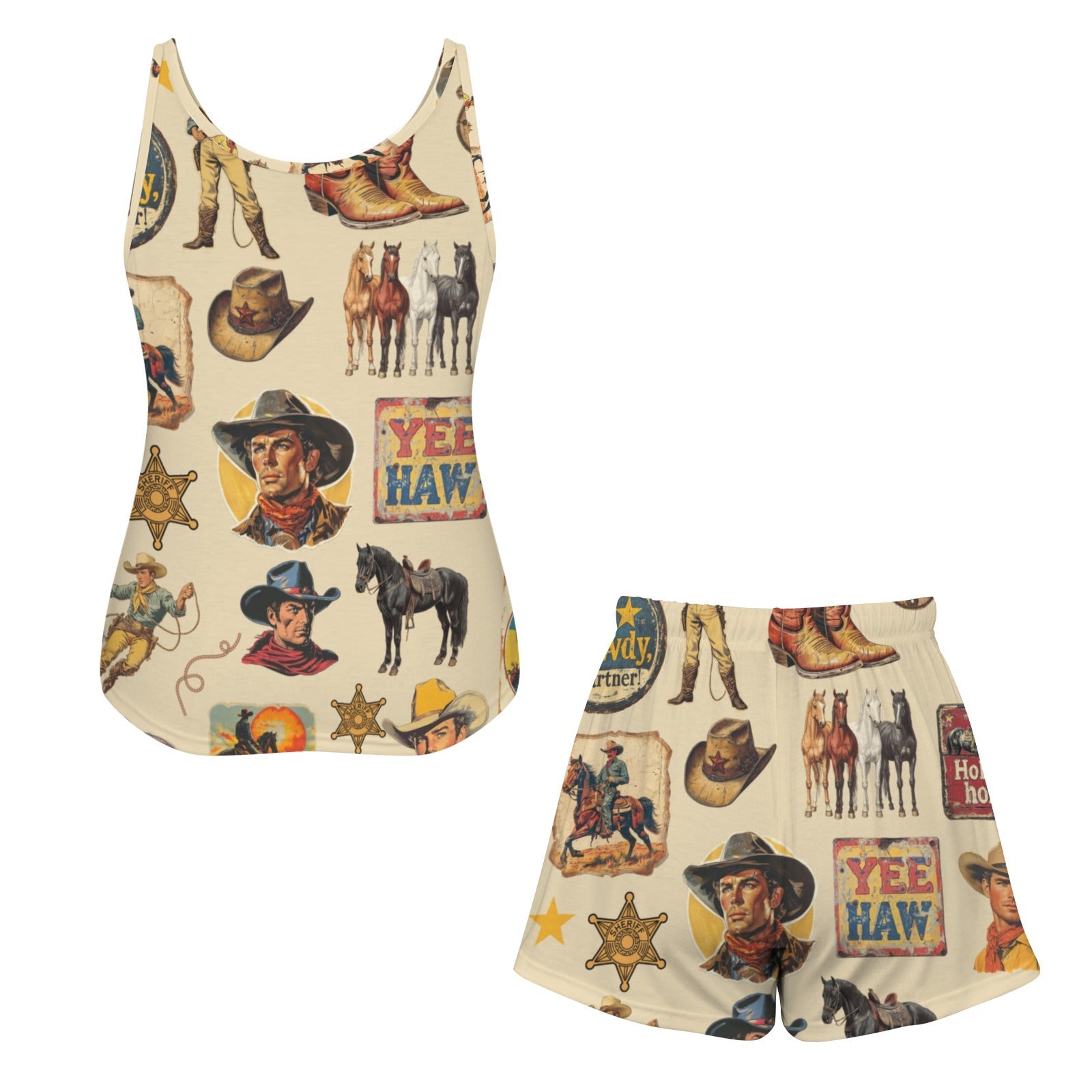 Baha Ranch Vintage Cowboy Collage Pajama Lounge Tank Shorts Set Made in America
