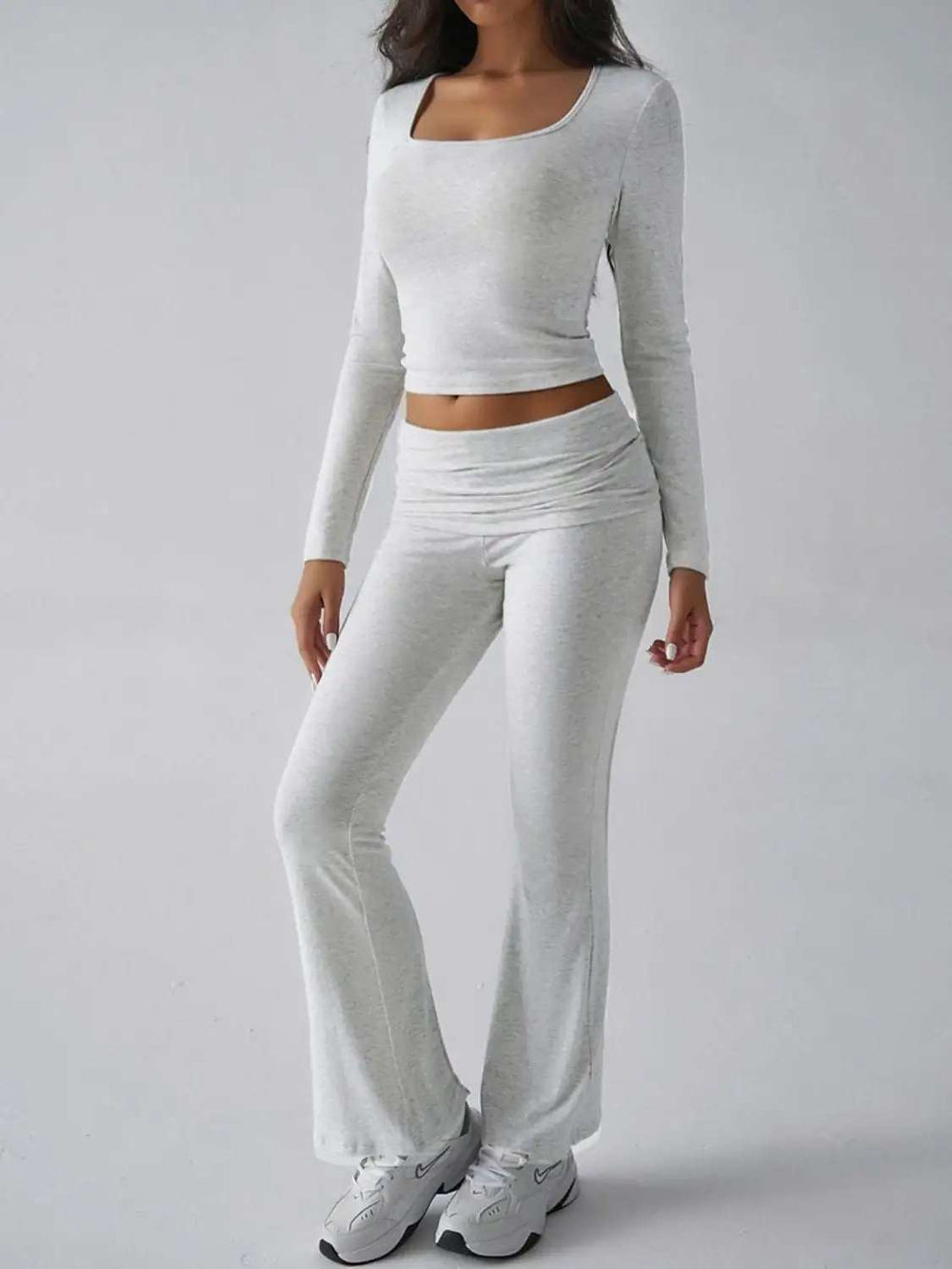 Devine Square Neck Long Sleeve Top and Pants Set - Trendsi - Flyclothing LLC