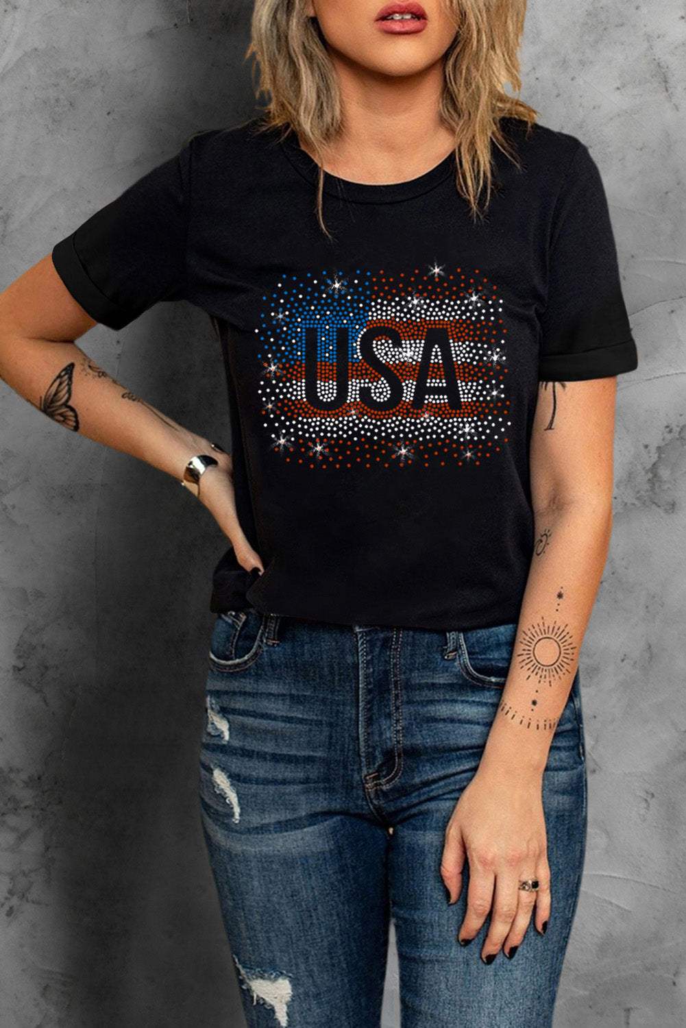USA Rhinestone Round Neck Short Sleeve T-Shirt - Trendsi - Flyclothing LLC