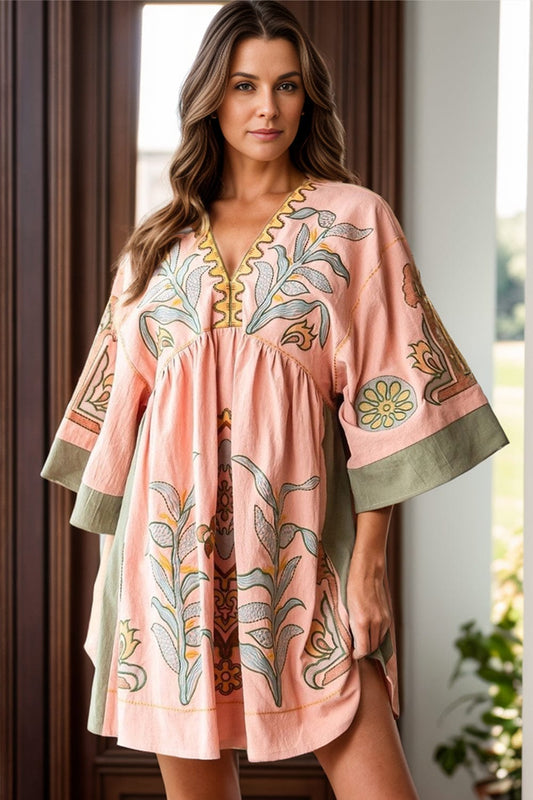 Printed V-Neck Three-Quarter Sleeve Mini Dress - Trendsi