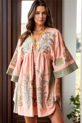 Printed V-Neck Three-Quarter Sleeve Mini Dress - Trendsi