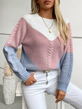 Color Block Round Neck Long Sleeve Sweater - Trendsi