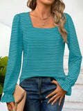 Striped Square Neck Flounce Sleeve Top - Trendsi - Flyclothing LLC