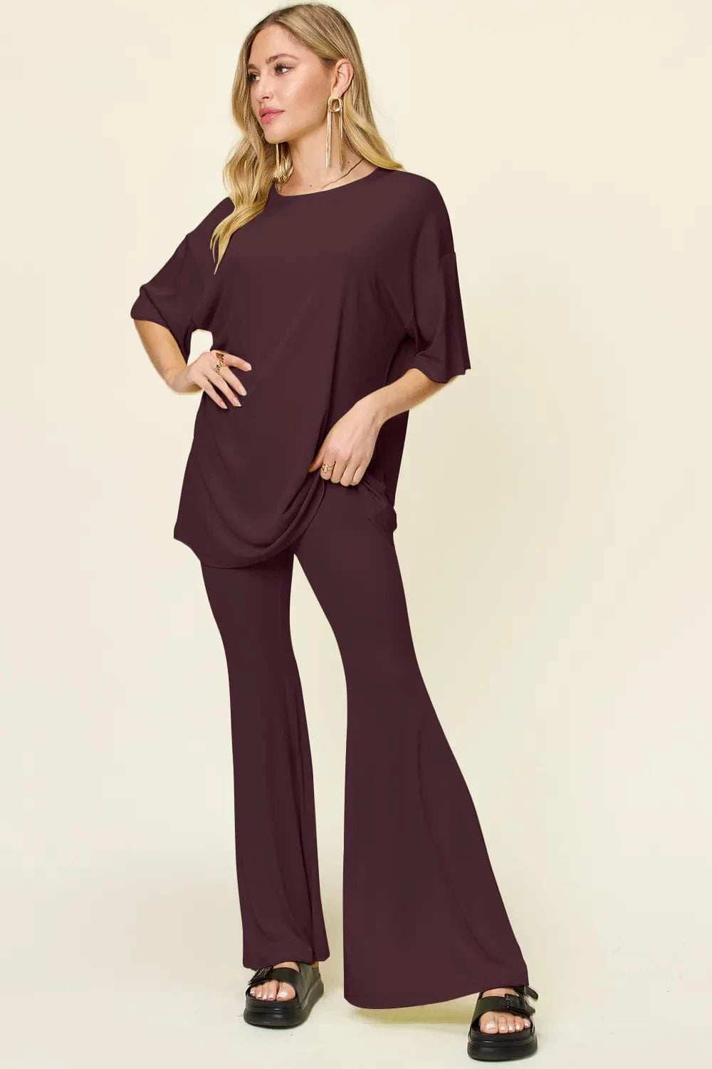 Double Take Full Size Round Neck Drop Shoulder T-Shirt and Flare Pants Set - Trendsi - Flyclothing LLC